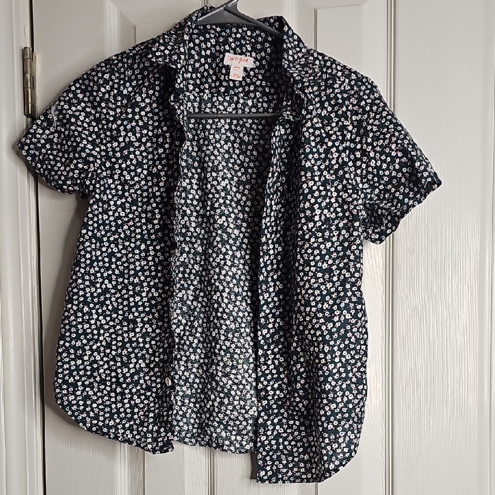 Cat & Jack Green, White & Pink Floral Button Up Shirt 55% Linen Size 8